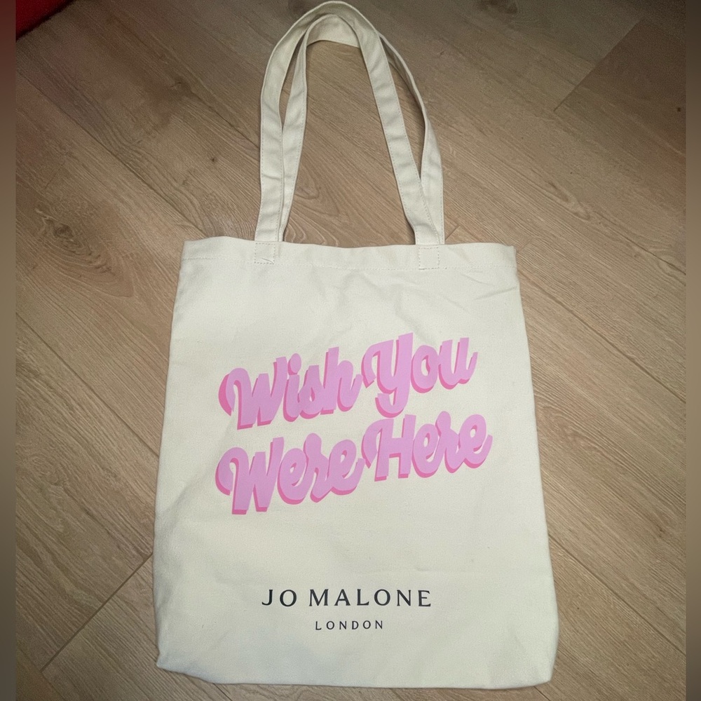 Jo Malone White Canvas Tote with Pink 'Wish You Were Here' Graphic